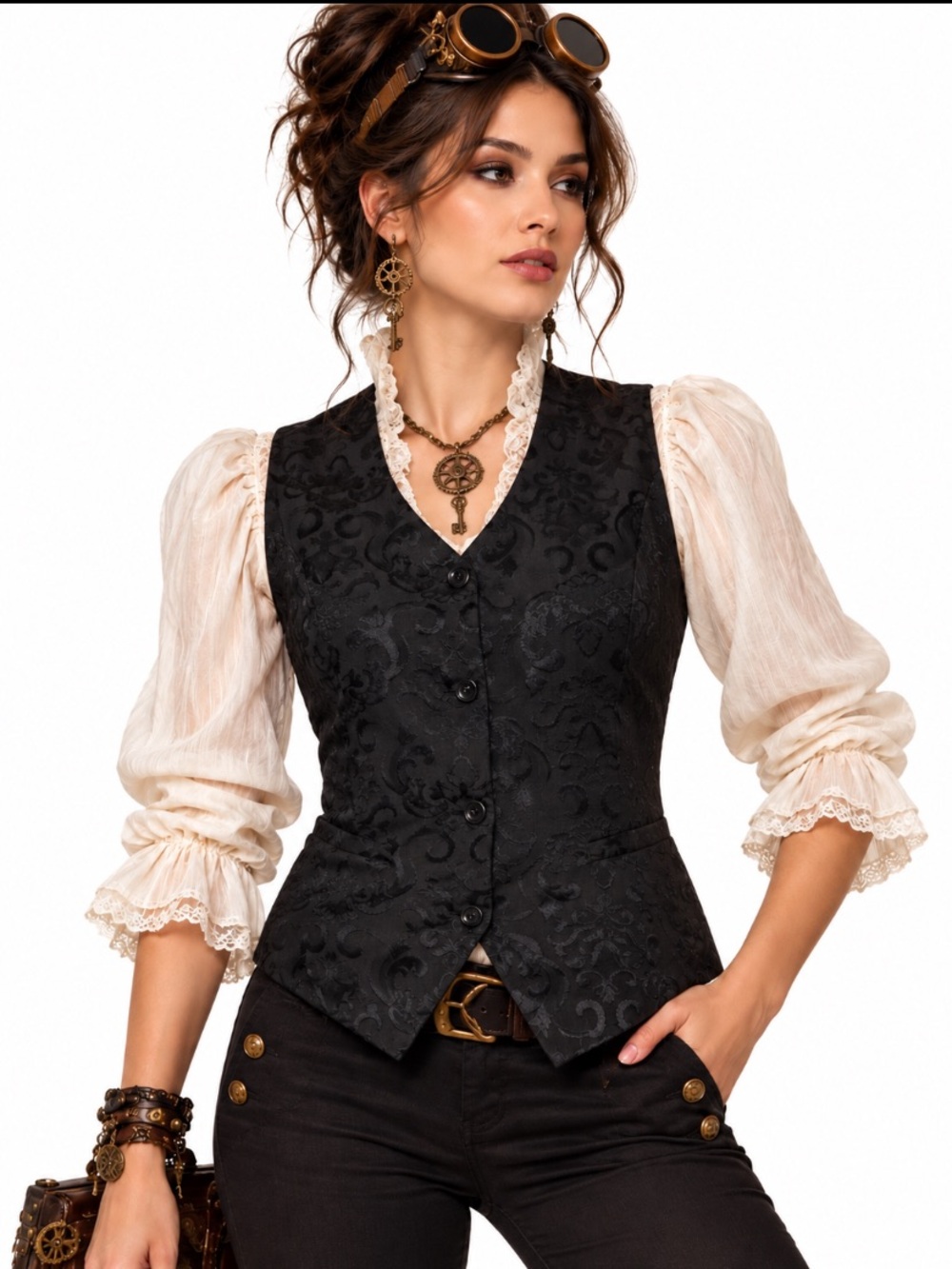 Grace Karin Black Steampunk Whimsigoth Four Button Waistcoat Vest Jacket Size XL